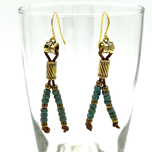 HAND CRAFTED Boho Leather Earrings with Gold and Turquoise - Picture 1 of 5